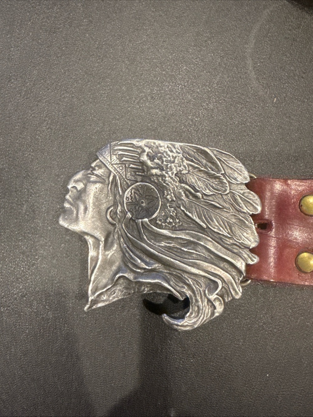 Leather Belt with Silver Native Headdress Buckle - Brown
